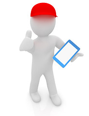 Image showing 3d white man in a red peaked cap with thumb up and tablet pc 