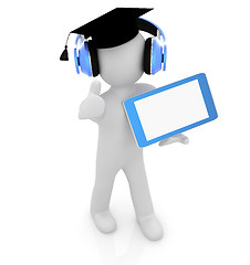 Image showing 3d white man in a grad hat with thumb up, headphone and tablet p