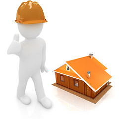 Image showing 3d architect in a hard hat with thumb up with real plans