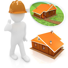 Image showing 3d architect in a hard hat with thumb up with real plans