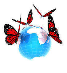Image showing Red butterfly on a abstract blue earth 