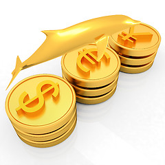 Image showing Gold coins with 3 major currencies with golden dolphin