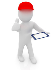 Image showing 3d white man in a red peaked cap with thumb up and tablet pc 