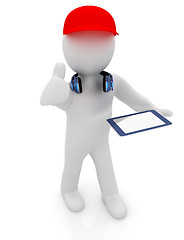 Image showing 3d white man in a red peaked cap with thumb up, tablet pc and he