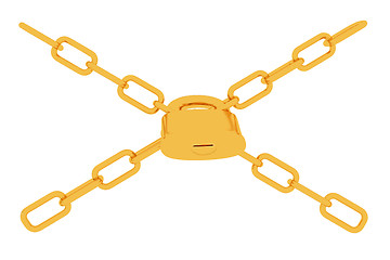 Image showing gold chains and padlock on white background - 3d illustration