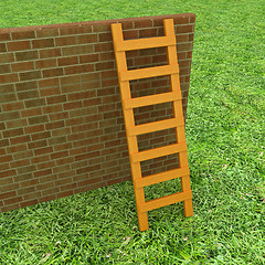 Image showing Ladder leans on brick wall 