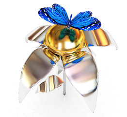 Image showing Blue butterflys on a chrome flower with a gold head