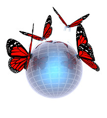 Image showing Red butterfly on abstract 3d sphere with blue mosaic design 