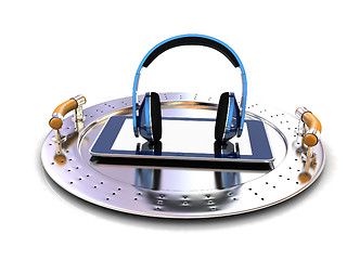 Image showing Phone and headphones on metal tray 