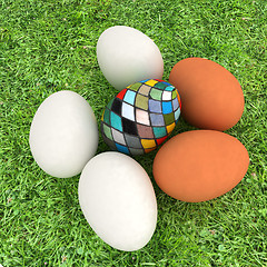 Image showing Eggs and easter eggs on the grass