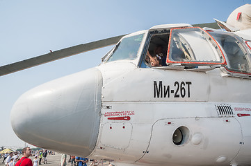 Image showing Visitors explore cabin of MI-26T helicopter