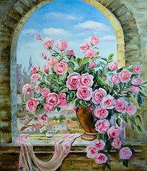 Image showing bouquet of peonies at the window