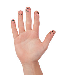 Image showing Hand with smileys isolated on white, concept of communication