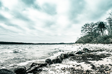 Image showing Waves coming in at big black rocks on the shore on a cold day