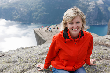 Image showing Woman hiker on Pulpit Rock / Preikestolen, Norway