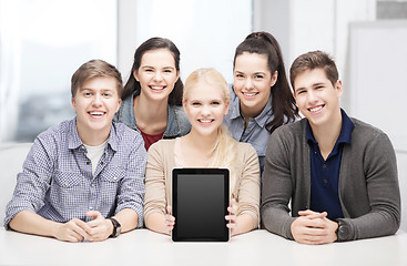 Image showing smiling students with blank tablet pc screen