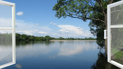 Image showing opened window to the summer field