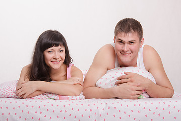 Image showing Happy young man and woman in bed