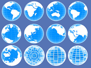 Image showing Set of 3d globe icons showing earth with all continents