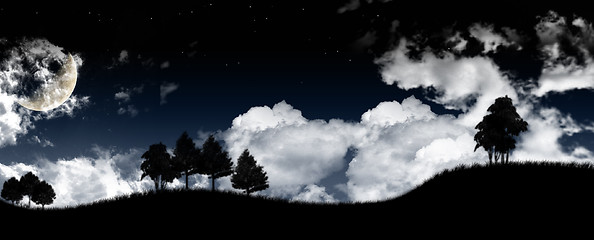 Image showing Night sunrise landscape with the moon, trees silhouette, stars