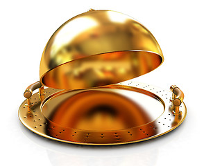 Image showing Glossy golden salver dish under a golden cover 