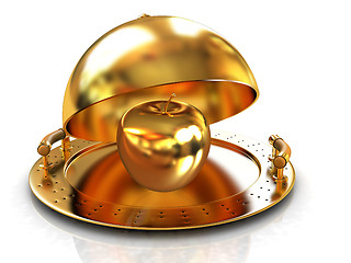 Image showing Golden Apple on glossy golden salver dish under a golden cover 