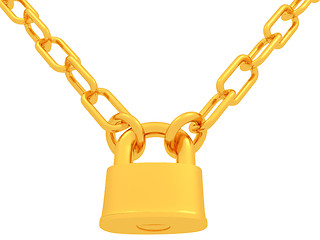 Image showing gold chains and padlock isolation on white background