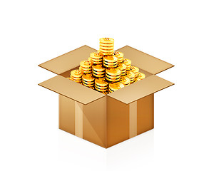 Image showing Gold dollar coins in cardboard box