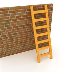 Image showing Ladder leans on brick wall 