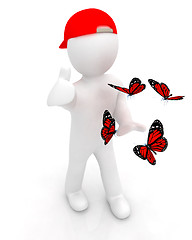 Image showing 3d man in a red peaked cap with thumb up and butterflies