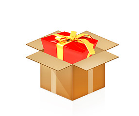 Image showing Red gift with gold ribbon in cardboard box