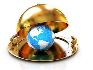 Image showing Earth globe on glossy golden salver dish under a golden cover