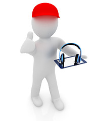 Image showing 3d white man in a red peaked cap with thumb up, tablet pc and he