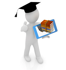 Image showing 3d white man in a grad hat with thumb up,books and tablet pc - b