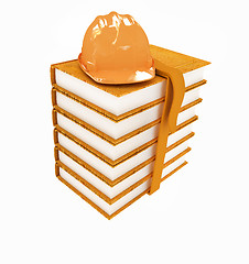 Image showing Stack of leather technical book with belt and hard hat