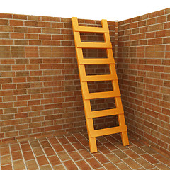 Image showing Ladder leans on brick wall 