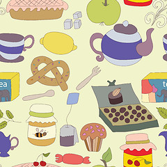 Image showing Tea Party with cup of tea and desserts, fruits