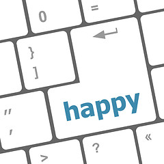 Image showing happy word on computer pc keyboard key