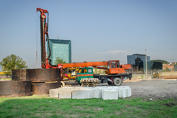 Image showing construction site machinery crane cement blocks 