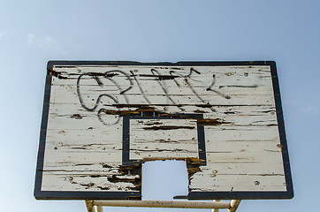 Image showing wooden broken basketball board blue sky background 