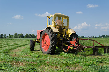 Image showing tractor cut grass makes bend in meadow  