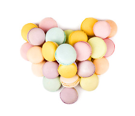 Image showing Pastel color macaroons laid out in form of heart