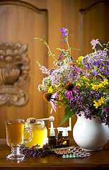 Image showing Still life from medicinal herbs, honey, herbal tea and medicines