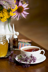 Image showing Still life from medicinal herbs, honey, herbal tea and medicines