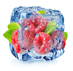 Image showing Raspberry in ice with drops