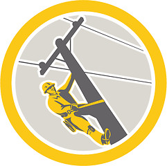 Image showing Power Lineman Repairman Climbing Pole Circle