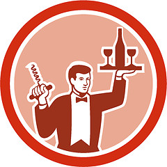 Image showing Waiter Serving Wine Holding Corkscrew Retro