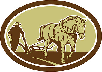 Image showing Horse and Farmer Plowing Farm Oval Retro