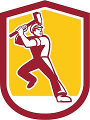 Image showing Union Worker Striking Sledgehammer Crest Retro