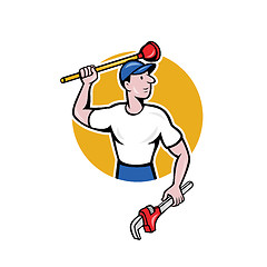 Image showing Plumber Wielding Wrench Plunger Cartoon